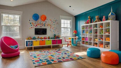 Kids&rsquo; playroom with colorful storage and playful designs.

