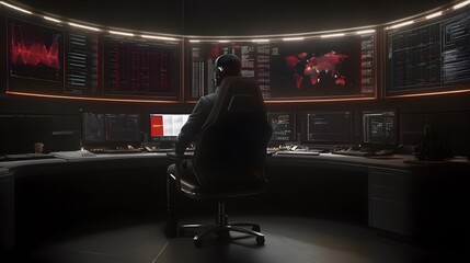 high tech control room with AI monitoring systems, featuring multiple screens displaying data and person seated in modern chair. atmosphere is intense and focused