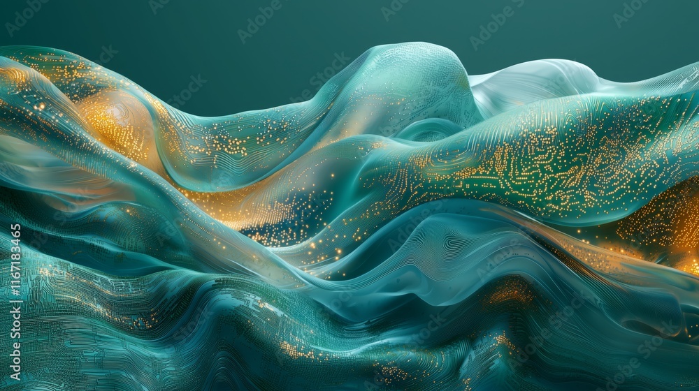 Poster abstract waves with golden highlights and digital patterns