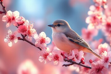 Fototapeta premium Farbenfrohe Vögel auf blühenden Ästen im Frühling