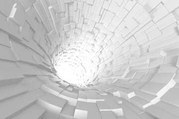 Abstract tunnel design with geometric shapes and bright light center. 3d render