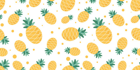 Yellow pineapples seamless pattern. Horizontal repeating pattern with ripe ananas. Vector illustration in doodle style isolated on white background