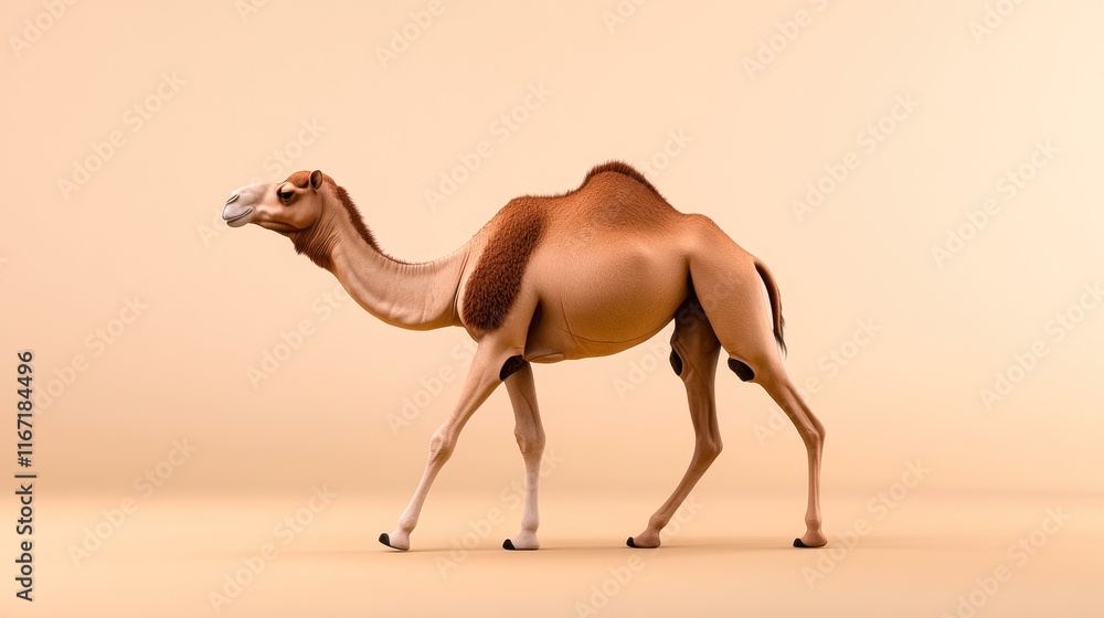 Poster a realistic 3d rendering of a camel walking against a soft background.