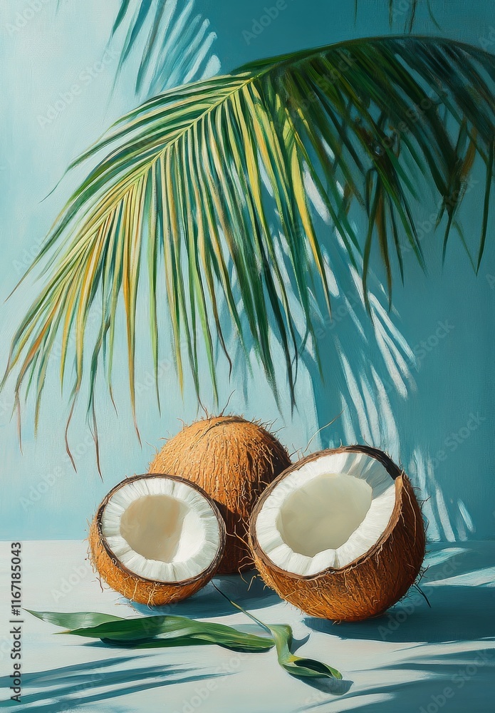 Aufkleber fresh coconuts arranged on a marble surface with a soft blue background and one coconut sliced open