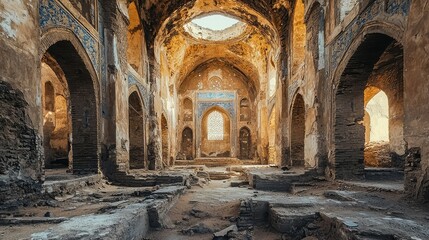 Abandoned Historic Building with Crumbling Arches and Sunlight