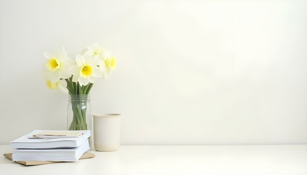 Oficina en casa luminosa con est&eacute;tica minimalista y jarr&oacute;n de narcisos blancos como centro