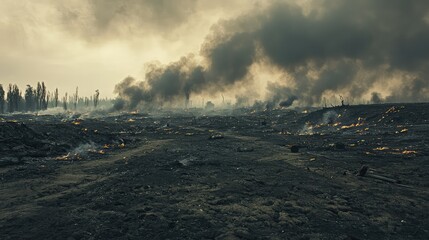 Fototapeta premium Desolate Landscape with Smoke and Ashes from Forest Fire