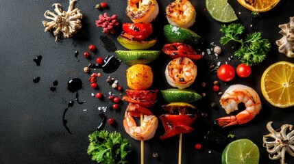Fototapeta premium Vibrant Seafood Skewers with Shrimp and Vegetables
