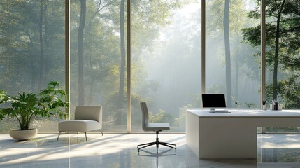 Serene Office with Forest View: Modern Minimalist Workspace Design