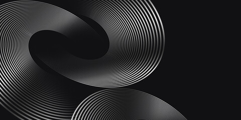 Abstract elegant black background with shiny silver circle geometric lines. Modern gray diagonal rounded lines pattern. Luxury style. Horizontal banner template