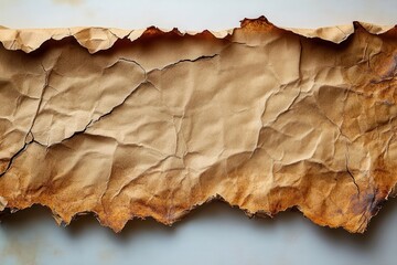 a piece of brown cardboard paper delicately torn and isolated against a stark white background showcasing its texture and simplicity emphasizing minimalistic design