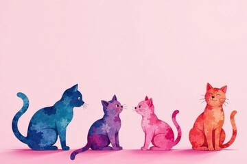 Playful watercolor cat silhouettes on a pastel pink background , adorable, nursery, watercolor
