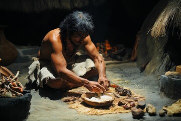 Ancient person prepares food, primitive setting.