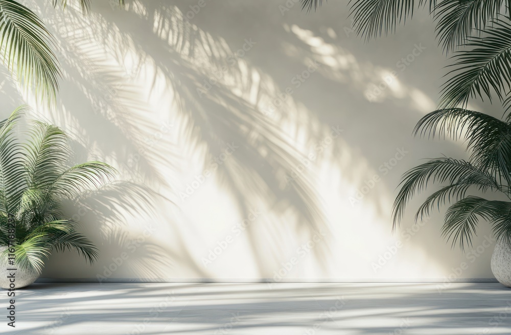 Poster serene minimalistic studio with natural leaf shadows on white wall and floor for product display and