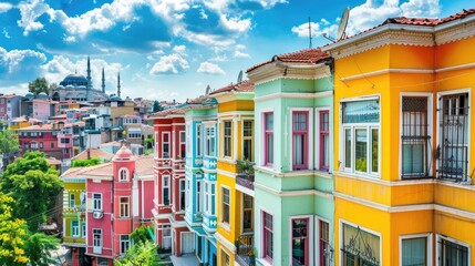 Obraz premium Beautiful colorful houses in Istanbul. Historical houses of Turkey belonging to the Ottoman period. View of colorful houses from the streets of Istanbul. summer landscape in the city. Balat, istanbul.