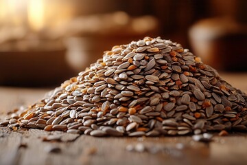 Obraz premium a rustic pile of sunflower seeds artistically arranged on a wooden table showcasing the natural beauty and texture of seeds inviting viewers to appreciate the simplicity of nature