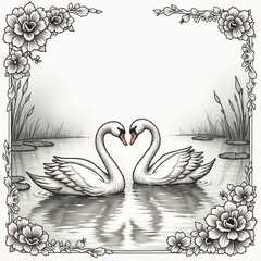 Obraz premium Print. Romantic Swans Forming Heart Shape in Serene Pond Setting with Vintage Border