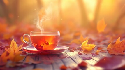 Warm Tea Cup Amidst Autumn Leaves and Gentle Sunrise