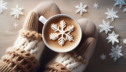 winter cozy vibes a relaxing coffee break with knitted socks and a snowflake latte art