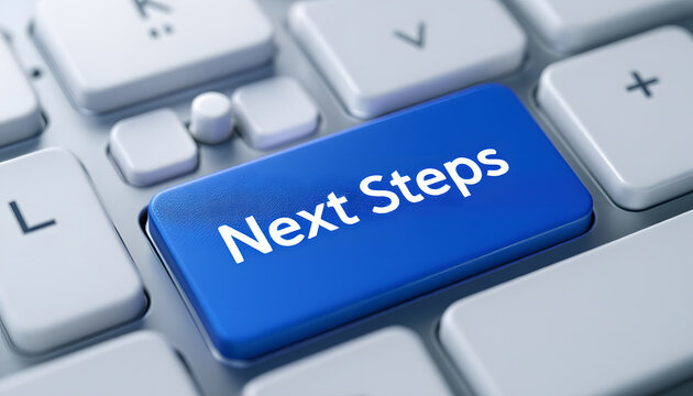 Next Steps Key on Keyboard, Future Actions, Follow Up, Blue Next Steps Button, Email Icon, Forward Planning