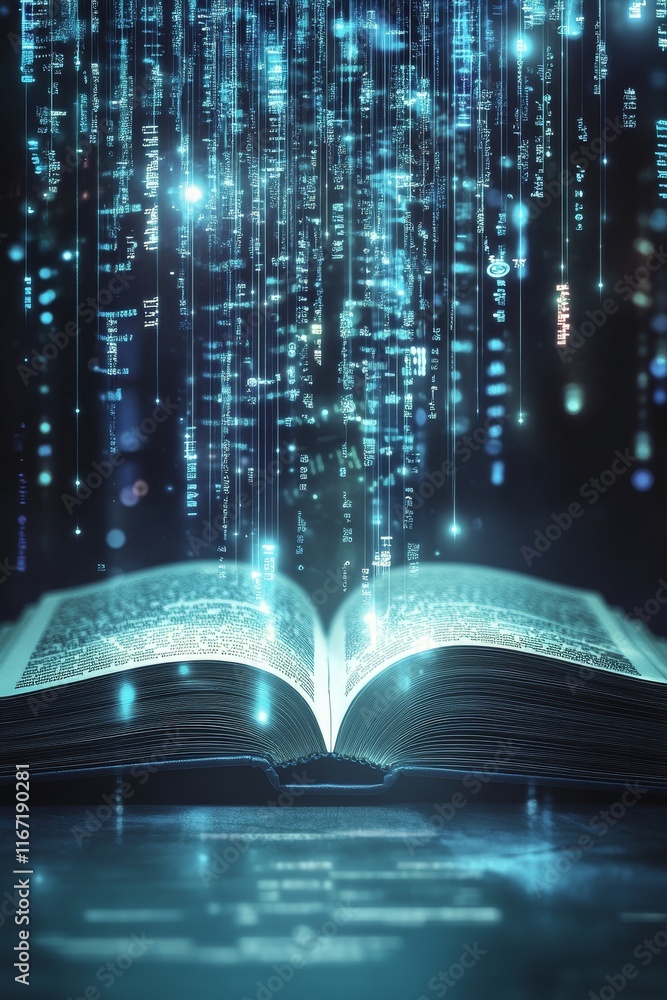 Poster enchanting book with glowing pages and floating letters in dark atmosphere