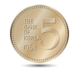South Korea, 5 won, 1968. Reverse of South Korea five won coin. Vector illustration.