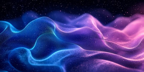 Obraz premium Vibrant grainy gradient noise texture background blue green purple glowing color shape on black background colorful poster web banner design, Generative AI