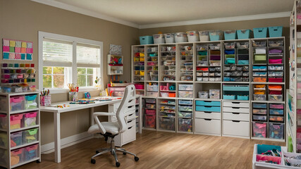 Craft room with organized storage and worktables