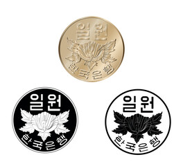 South Korea, 1 won, 1967. Obverse of South Korea one won coin. The coin is depicted in black and white. Vector illustration.