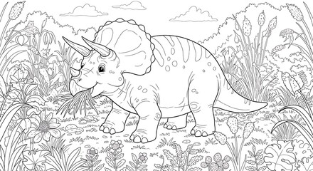 Obraz premium Cute triceratops dinosaur coloring page. Prehistoric landscape with plants and flowers. Black and white illustration.