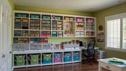 Craft room with organized storage and worktables
