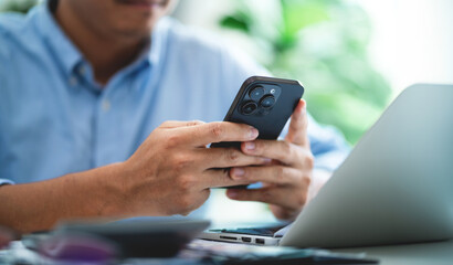 Male hand using smartphone to increase product and service concept points Customer service experience and business satisfaction surveys. banner image