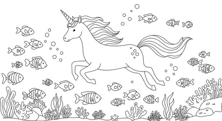 Naklejka premium Whimsical black line drawing of a unicorn swimming with fish underwater, concept for children's book illustration, fantasy creature design and educational materials