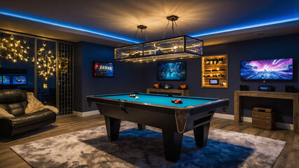 Game room featuring modern gaming setups and LED lights
