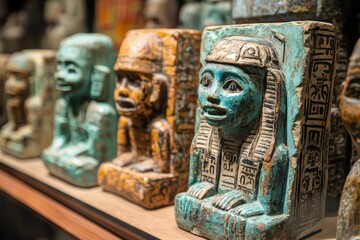 Ancient figurines, carved stone, colorful, weathered, display.