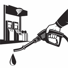 Holds a refueling gun and a drop of gasoline and gas station, Gasoline pistol pump nozzle with drop oil, Black silhouette