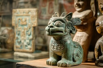 Ancient green stone figurine, ornate details, displayed with others.