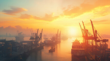 Obraz premium Cranes moving cargo at sunset on busy industrial platform, creating vibrant scene