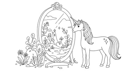 Cute unicorn by a magical mirror in a fairytale coloring book.  Whimsical horse fantasy.