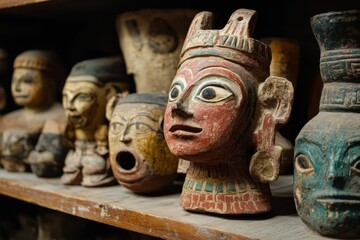 Ancient painted clay artifacts on shelf.