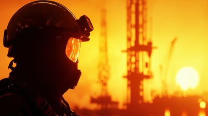 A silhouette of a person wearing a hard hat and safety goggles, standing against a backdrop of industrial structures at sunset