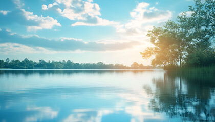 Fototapeta premium Serene Autumn Lake with Floating Leaves