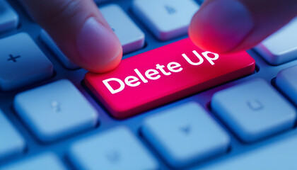 Delete Key Pressed, Data Deletion, Removing Information, Finger on Delete Button, Keyboard Delete, Undo Action, Pressing Delete Key, Remove, Erase, Delete Data, Keyboard Close Up