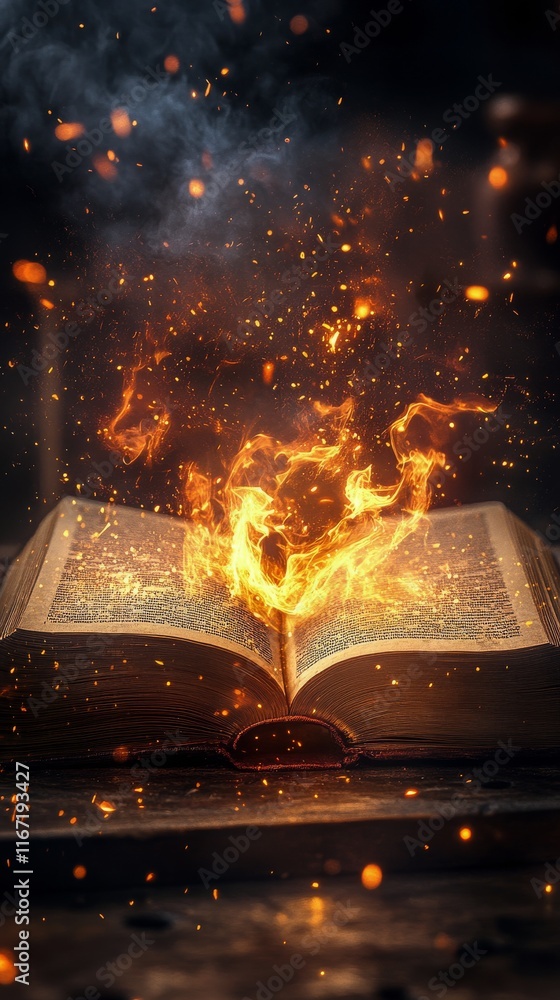Aufkleber magical flames ignite from open book creating an enchanting atmosphere in dark setting