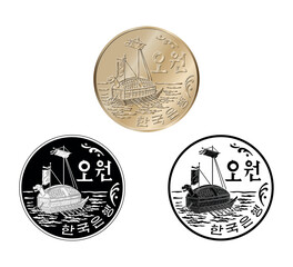 South Korea, 5 won, 1968. Obverse of South Korea five won coin. The coin is depicted in black and white. Vector illustration.
