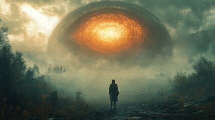 Obraz premium A person stands in front of a large, glowing, orange object