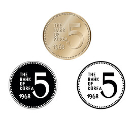 South Korea, 5 won, 1968. Reverse of South Korea five won coin. The coin is depicted in black and white. Vector illustration.