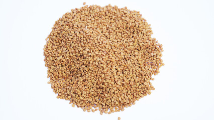 Fenugreek Seeds Pile, Dry Trigonella, Spicy Methi Dana Grains in Wooden Spoon, Indian Kitchen Seasoning Ingredient, Dry Yellow Fenugreek Seed Condiment