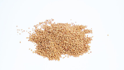Fenugreek Seeds Pile, Dry Trigonella, Spicy Methi Dana Grains in Wooden Spoon, Indian Kitchen Seasoning Ingredient, Dry Yellow Fenugreek Seed Condiment