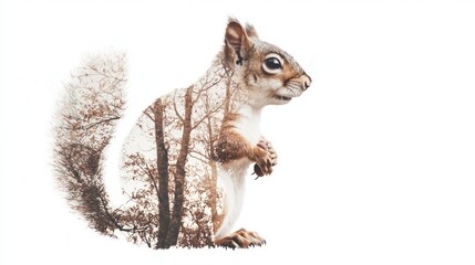 Squirrel Silhouette Double-Exposure Watercolor Artwork with Forest Elements on White Background